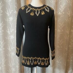 Vintage 80s Lambswool Angora Embellished Black Sweater Tunic Baroque Holiday • M